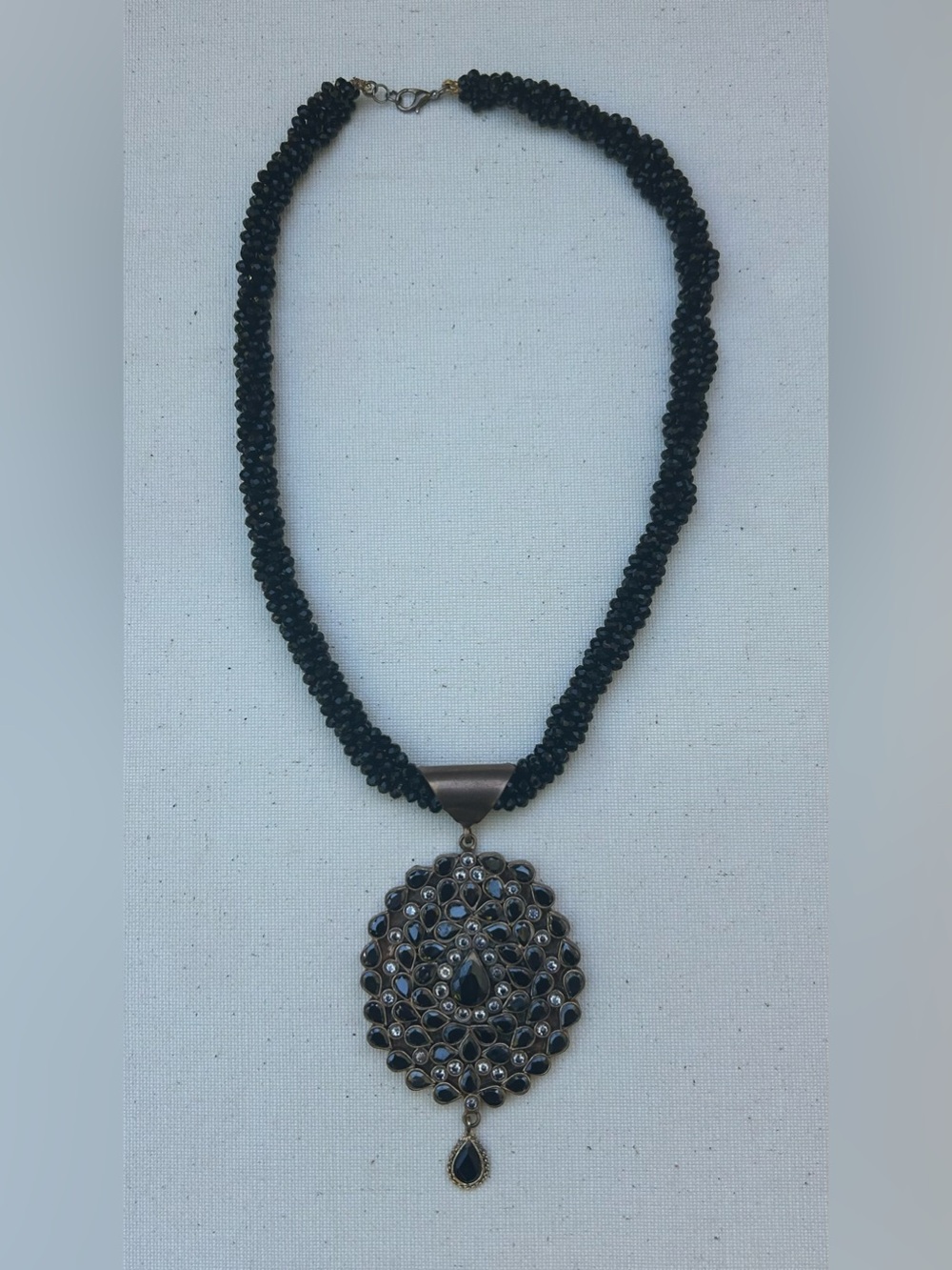 Black Beaded Necklace with Ornate Black Pendant